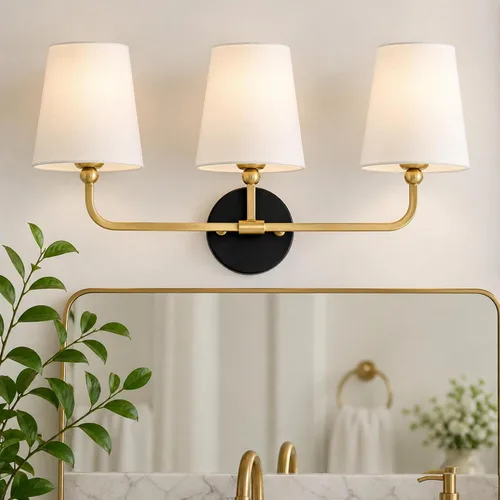 Miniatura 16 de VL837-BG-RA-2 - Lámparas de baño de 2 luces, luces de ratán dorado cepillado, aplique de doble pared con pantalla tejida a mano acampanada, apliques