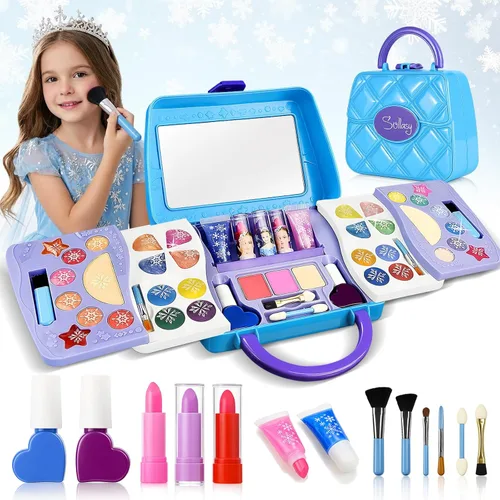Kit de maquillaje infantil de 50 piezas para niñas, juego de cosméticos lavables reales con espejo grande y estuche de tocador azul, juguetes de