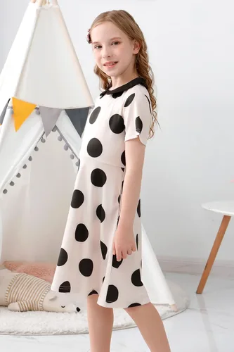 Miniatura 3 de GORLYA Vestido de fiesta casual de manga corta para niña con cuello Peter Pan ajustado y acampanado con bolsillos, 4-12 años