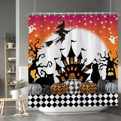 Miniatura 97 de Cortina de ducha de fantasma y gato negro para niños, 36 x 72 pulgadas, espeluznante y bonita, cortina de baño de Halloween con 6 ganchos, cortina