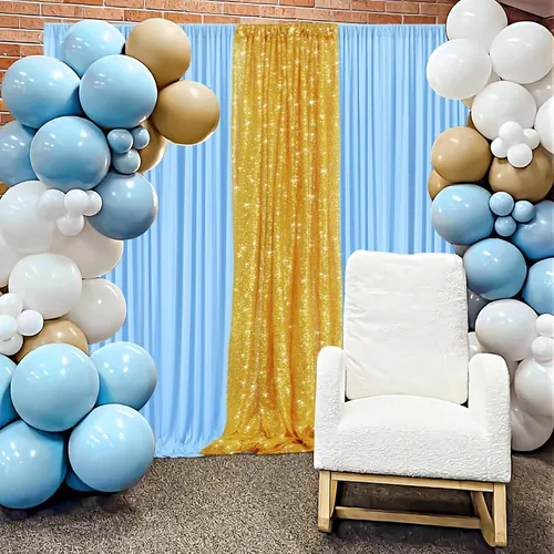Miniatura 6 de Cortina de fondo de 20 pies × 8 pies sin arrugas azul bebé para fiesta de cumpleaños de niño, 4 paneles de 5 × 8 pies de poliéster azul suave