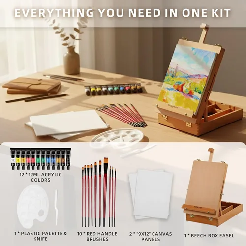 Miniatura 2 de Falling in Art Juego de caja de caballete de madera de haya, juego de 27 piezas de pintura acrílica de mesa, soporte de caballete portátil con 12