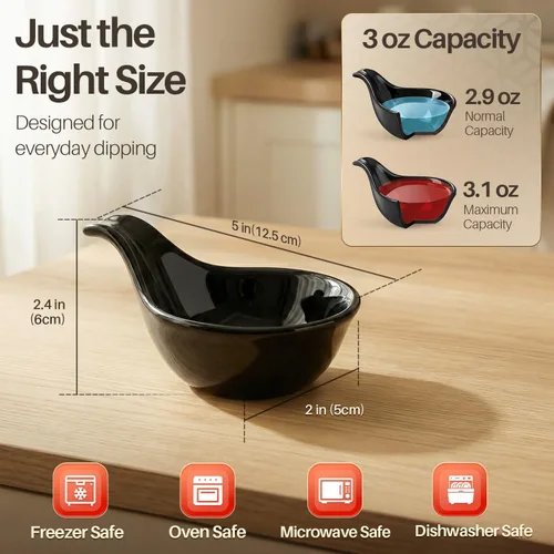 Miniatura 6 de Flexzion Tazones de cerámica para sumergir, cuencos pequeños para sumergir con asa, tazas de condimentos, plato de salsa de soja, moldes de Negro
