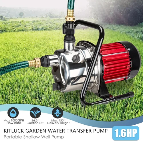 Miniatura 3 de Bomba de Jardín de Transferencia de Agua, 1.6 HP 1000GPH Bomba de Chorro Eléctrica Portátil de Pozo Poco Profundo, Bomba de Refuerzo de Presión