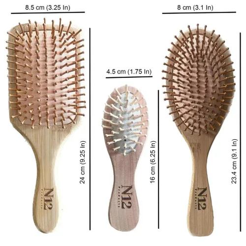 Miniatura 9 de N12 - Juego de 3 cepillos de madera de bambú para mujeres, hombres y niños, peine antiestático para masaje del cuero cabelludo, desenredante