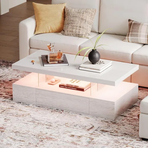 Miniatura 7 de ChooChoo Mesa de centro moderna con LED, mesa central de alto brillo con cajón, mesa auxiliar rectangular con almacenamiento para sala de estar