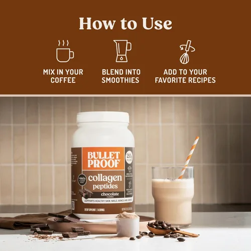 Miniatura 5 de Polvo de proteína de colágeno con chocolate y aceite MCT de Bulletproof, 19g de proteína, 42.3 onzas, tamaño de valor, con péptidos de colágeno
