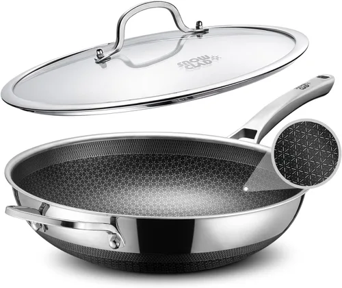 SNOWCLAD Wok, Wok Híbrido de 13 Pulgadas y Sartenes para Saltear Antiadherentes, No Tóxico, Sartén Wok de Acero Inoxidable con Tapa, Apto para