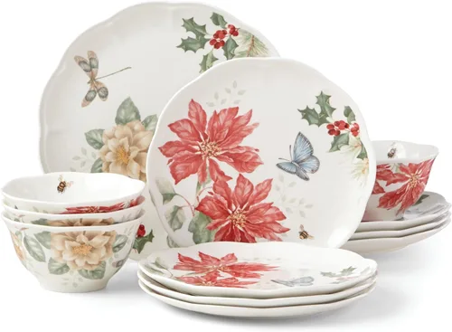 Lenox 884473 Butterfly Meadow Holiday - Juego de vajilla de 12 piezas, Navidad, anfitrión