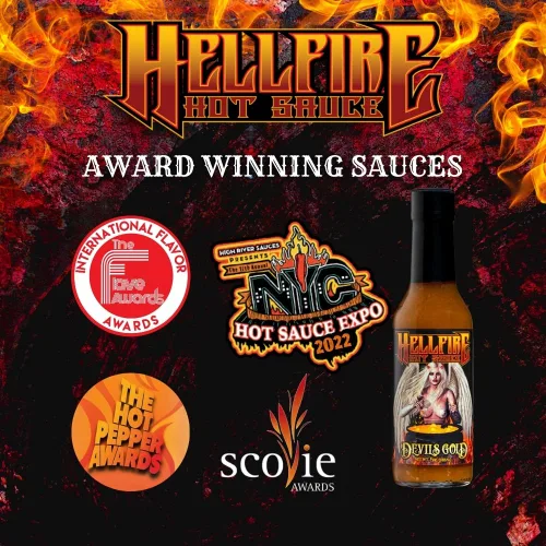Miniatura 7 de Salsa picante Hellfire Devil's Gold, galardonada con múltiples premios, salsa picante gourmet a base de frutas, cuenta con pimientos amarillos súper