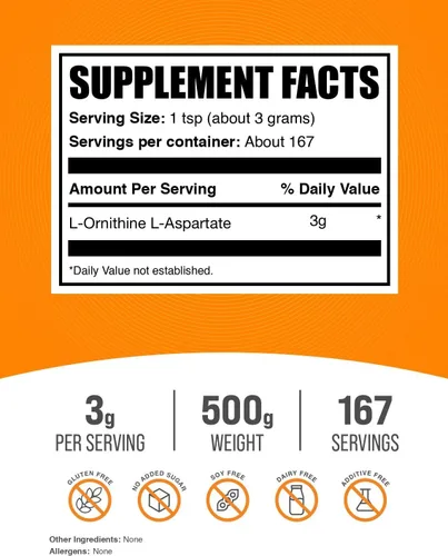 Miniatura 2 de BulkSupplements. com L-ornitina L-aspartato en polvo – Suplemento de ornitina, suplemento de aminoácidos – Sin gluten, 0.11 oz por porción, 17.64 oz