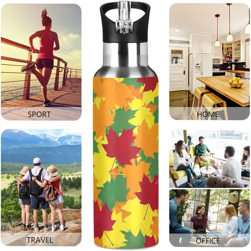 Miniatura 5 de Insulated Stainless Steel Water Bottle with Straw 20 Oz, BPA-Free Sports Water Bottle with Straw for Gym Outdoor Travel School, Autumn Maple Leaves