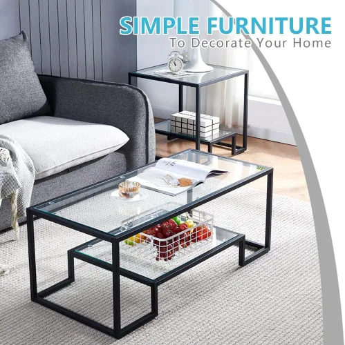 Miniatura 8 de Mesa de centro de cristal de metal negro, mesa de centro simple para sala de estar, hogar, mesa de centro con marco de metal con 2 estantes, mesa