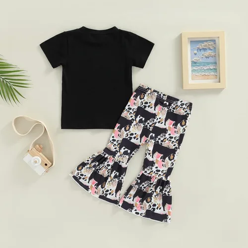 Miniatura 46 de fhutpw Conjunto de camiseta de manga corta con estampado de vaca y pantalones acampanados de dibujos animados para niñas