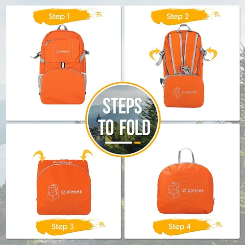 Miniatura 5 de ZOMAKE Mochila Empacable Ligera de 35L, Mochilas Plegables Ligeras Resistentes al Agua Bolsa de Senderismo Plegable, Paquete de Día Plegable Naranja