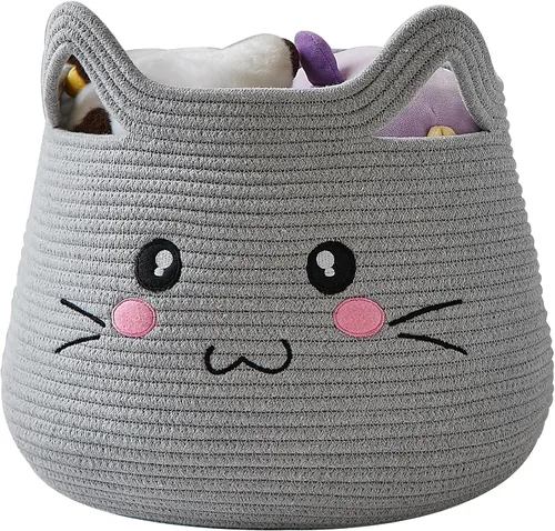 OMERAI Cesta de gato animal, cesta grande tejida de cuerda de algodón linda, cesta de manta para guardar juguetes para decoración de guardería y