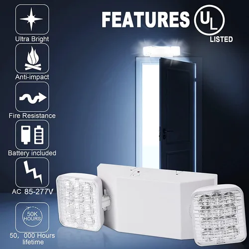 Miniatura 2 de Lámpara LED de emergencia – Luces comerciales y de salida con batería de respaldo (2 cabezales cuadrados) – Ajustable para el hogar y negocios – CA
