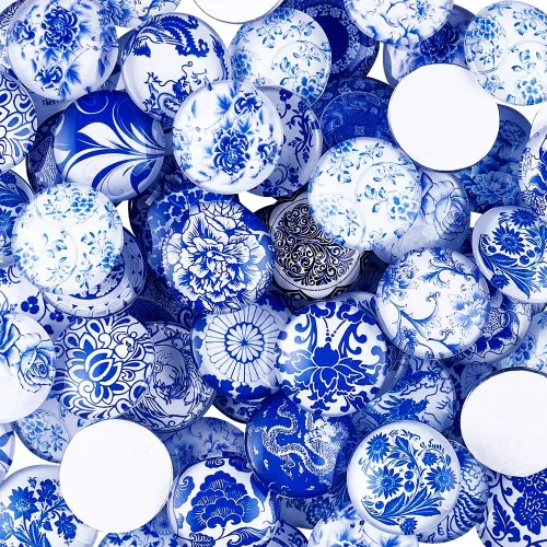 Miniatura 2 de Craftdady 200 unidades de cabujones de cristal con estampado de flores azules y blancas de 0.394 in con parte trasera plana media redonda
