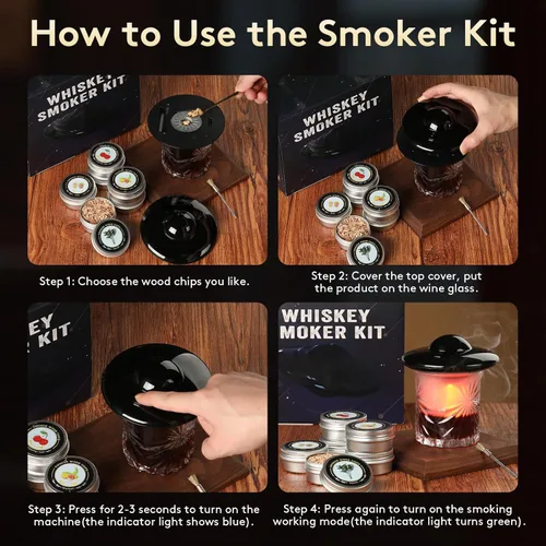 Miniatura 3 de Kit de ahumador eléctrico de whisky, kit de ahumador de cóctel con encendedor integrado con 6 virutas de madera, kit de ahumador de whisky sin