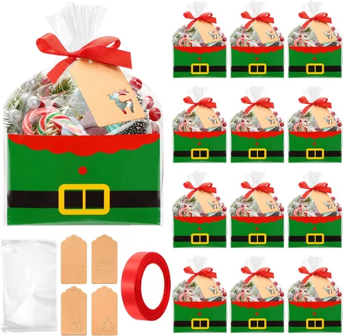 Fuutreo 30 Piezas Traje de Papá Noel Muñeco de Nieve Cestas de Regalos Vacías de Navidad con Bolsas de Celofán para Cestas Cintas Etiquetas de
