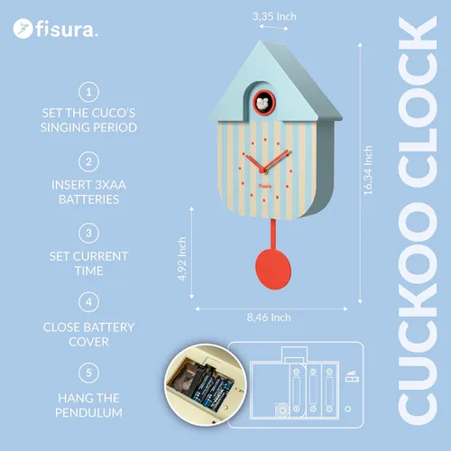Miniatura 2 de Fisura - Reloj de pared de cuco a rayas azules y beige con esfera roja - Reloj de pared decorativo moderno, regalo único de decoración del hogar