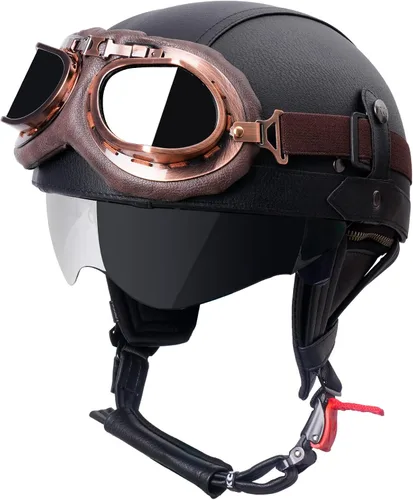 Casco de motocicleta de cuero de estilo alemán, aprobado por DOT, casco vintage de media cara con gafas y visera oculta, media carcasa para