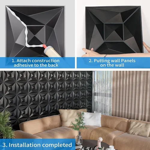 Miniatura 6 de Paneles de pared 3D de PVC negro, paquete de 33 unidades de 11.8 x 11.8 pulgadas, diseño geométrico para decoración moderna del hogar, azulejos
