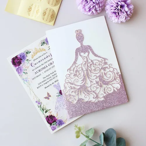 Miniatura 4 de 5.12 x 7.28 pulgadas, kit de 50 invitaciones de quinceañera con purpurina morada, cortadas con láser, huecas, de niña princesa, invitaciones