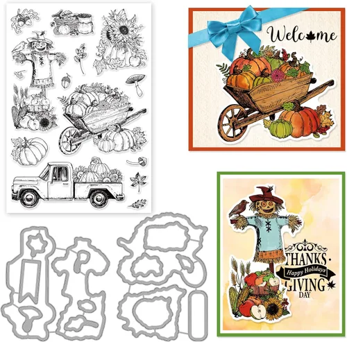 ORIGACH Autumn Harvest - Juego de sellos y troqueles transparentes, espantapájaros de calabaza otoñal, sellos de silicona y troquelado de metal para