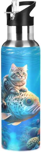 Stainless Steel Water Bottle 20 Oz, Leakproof Water Bottles for Gym Outdoor Travel School, Cute Cat Fish Blue