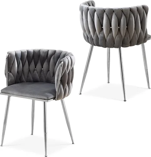 Miniatura 16 de Juego de 2 sillas de comedor de terciopelo, sillas laterales tapizadas tejidas con patas de metal plateado, Sillas de Comedor 2, sillas decorativas