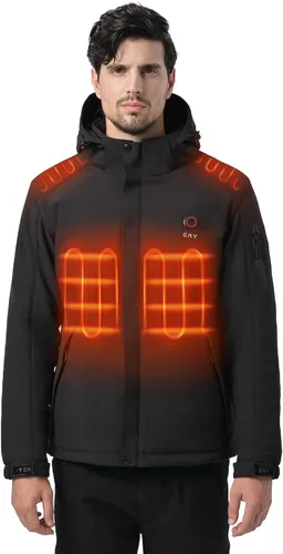 EAY Mens Heated Jacket with Battery Pack 7.4V and Detachable Hood, Rechargeable Waterproof Eletric Heated Coat for Men
