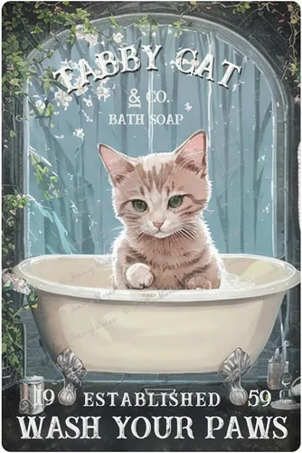 Zomyto Letrero de metal divertido con diseño de gato "Wash Your Paws", decoración para bañera, regalo para amantes de los gatitos, accesorios para