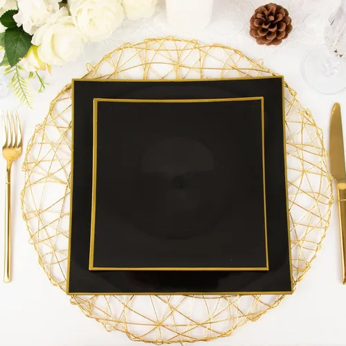 Miniatura 8 de Tableclothsfactory Paquete de 10 platos llanos cuadrados cóncavos de plástico duro de 8 pulgadas negro/dorado, platos desechables para fiestas