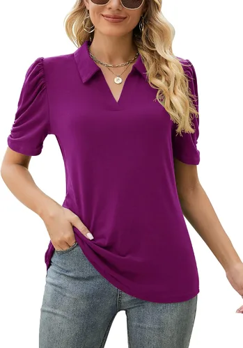 LOMON Camisas tipo polo de manga corta para mujer, cuello en V, estilo casual, blusas tipo túnica para el trabajo