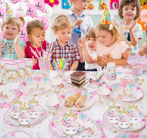 Miniatura 7 de suministros de fiesta de cumpleaños incluyendo platos, tazas, popotes y manteles para fiesta de cumpleaños, servicio para 16 invitados