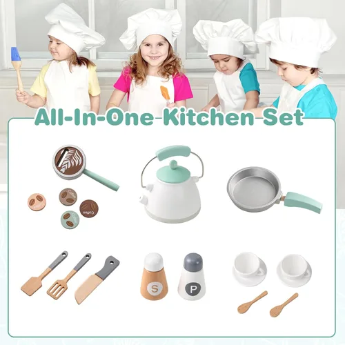 Miniatura 7 de INFANS Juego de cocina esquinera para niños, juego de cocina de madera para niños pequeños con luces, sonidos, máquina de café, lavadora, gabinete