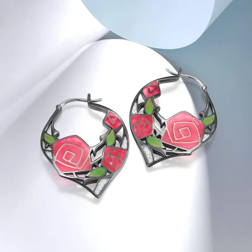 Miniatura 5 de Santuzza Aretes de aro de plata de ley 925 hechos a mano con flores esmaltadas Plata de ley Esmalte Circonia cúbica