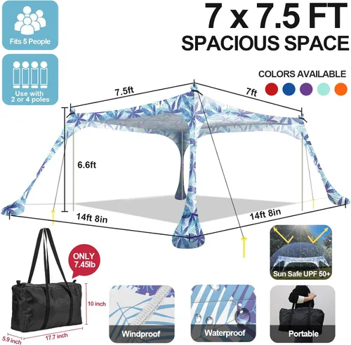 Miniatura 3 de Buheco - Tienda de campaña de playa, toldo desplegable de 7 x 7.5 pies, refugio solar UPF50+ con 4 postes plegables, bolsa de transporte portátil