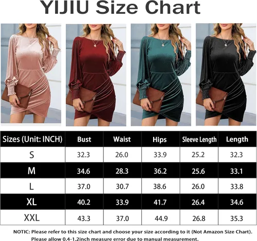 Miniatura 6 de YIJIU Vestido de terciopelo de manga larga para mujer, cuello redondo, ajustado, corto, fruncido, entallado, para cóctel, fiesta, club, mini vestidos