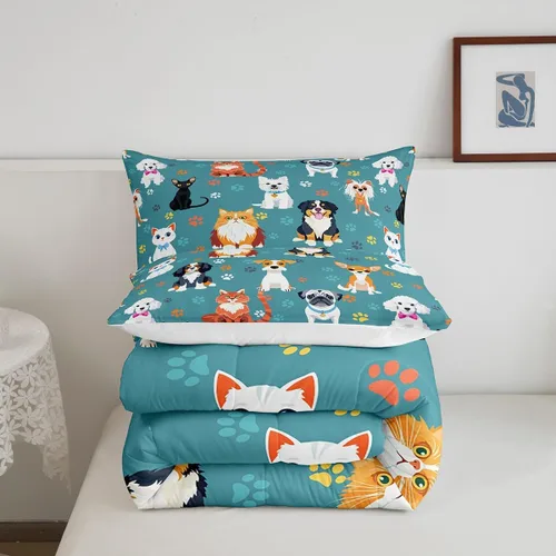 Miniatura 5 de Juego de edredón lindo de perro y gato, tamaño matrimonial, juego de ropa de cama colorido con estampado de patas de cachorro, 3 piezas para niños