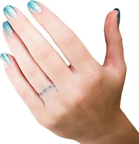 Miniatura 2 de Anillo de boda apilable de oro de 10 quilates con zafiro rosa y diamante blanco para mujer, zafiro rosa, Zafiro