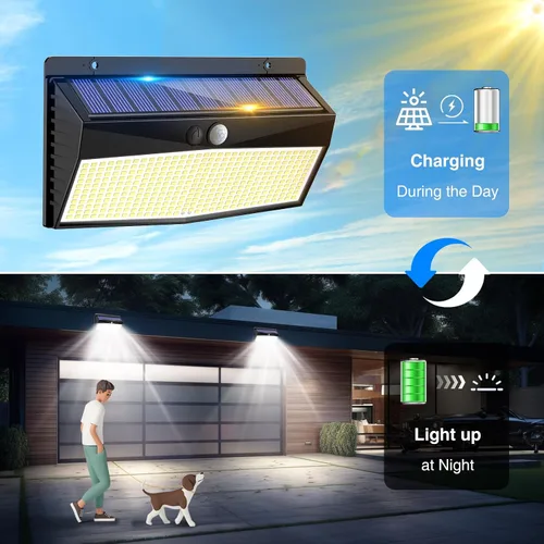 Miniatura 3 de 368 luces LED solares para exteriores con sensor de movimiento, valla solar con 3 modos de iluminación, seguridad alimentada, impermeable