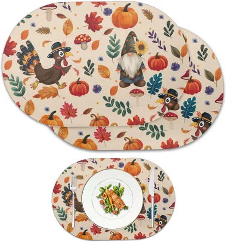 Miniatura 35 de Non Slip Placemats Set of 6 Pumpkin Mushroom Theme Waterproof Wipeable Faux Leather for Thanksgiving Family Feast Heat Resistant Dining Table Mats