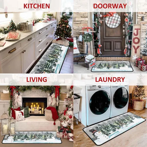 Miniatura 4 de Juego de 2 tapetes de cocina verdes de Navidad, decoración de Navidad antideslizante, ciervo, muñeco de nieve, alfombras de cocina de invierno