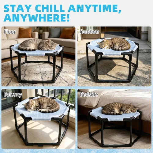 Miniatura 9 de Cama hamaca elevada para gatos, cuna hexagonal elevada para gatos con tela transpirable de gorro de hielo y bloque antideslizante, alfombrilla