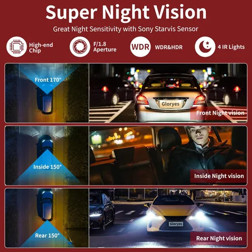 Miniatura 6 de Cámara de tablero 2025, cámara de tablero de 3 canales delantera y trasera en el interior, cámara interior del automóvil, 2.5K/1440P Single Fr