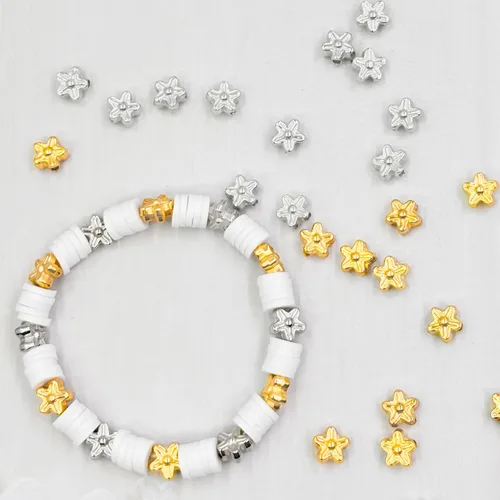 Miniatura 3 de Cuentas espaciadoras planas redondas de 6mm, 1560 piezas (360 flores), Oro, Plata, Negro, en forma de flor, Plástico (recubierto de cobre)