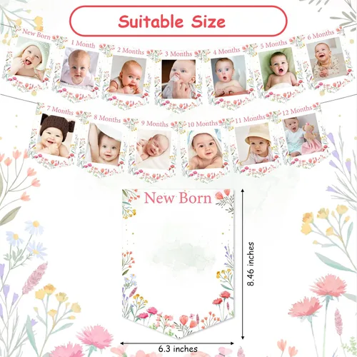 Miniatura 7 de Cartel de fotos de primer cumpleaños con tema de flores silvestres de recién nacido a 12 meses para niñas, registro de crecimiento mensual de hitos