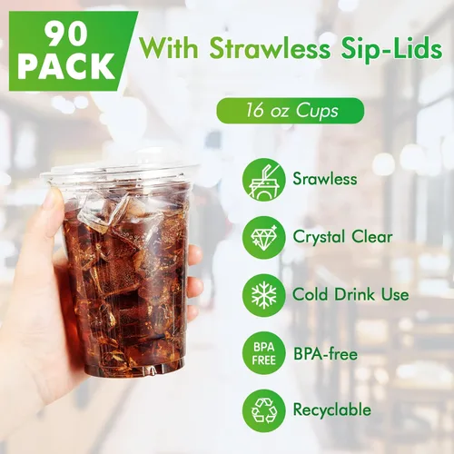 Miniatura 4 de Lilymicky Vasos de plástico transparente de 16 onzas (paquete de 90) con tapas para sorber sin pajita, vasos desechables para café helado, batido